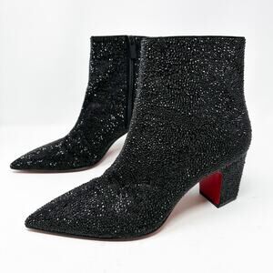 Christian Louboutin Aiglissima Strass Ankle Boots Black Block Heel Womens 10.5